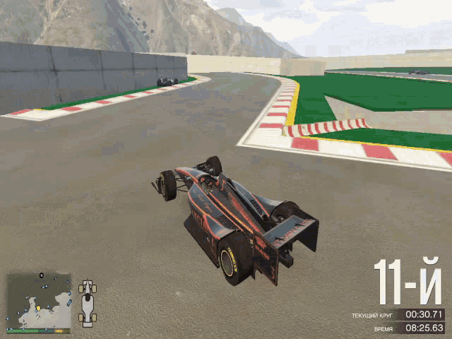 a video game shows a race car going around a track and the time is 11 - m