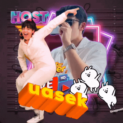 a man and a girl are dancing in front of a sign that says host uasek