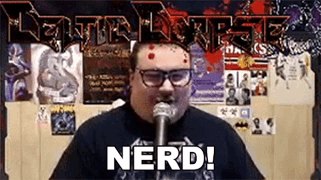 a man with glasses is singing into a microphone with the word nerd written next to him .