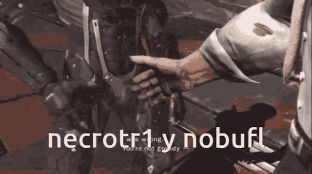 a person is holding a gun and the words necrotr1v nobufl are on the bottom