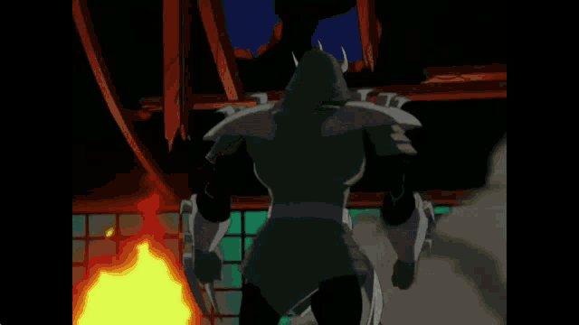 a cartoon of a person standing in front of a fire .