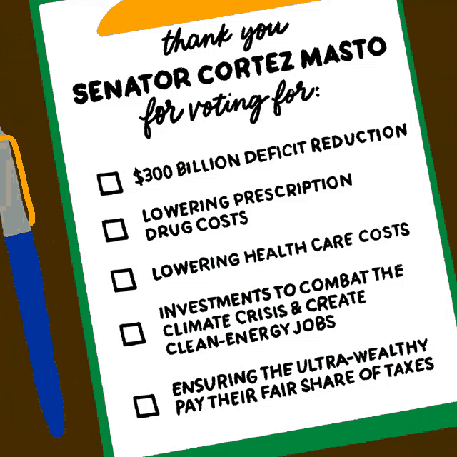 a clipboard with the words thank you senator cortez masto for voting for written on it