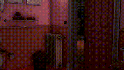 a woman wrapped in a towel is standing in a bathroom .