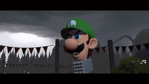 a video game character with a green hat and a white letter g on his hat
