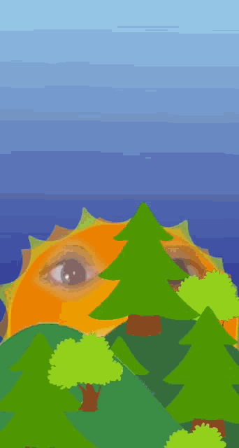 a drawing of a smiling sun with trees in the foreground