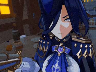 a cartoon character with long blue hair is holding a gun in a room