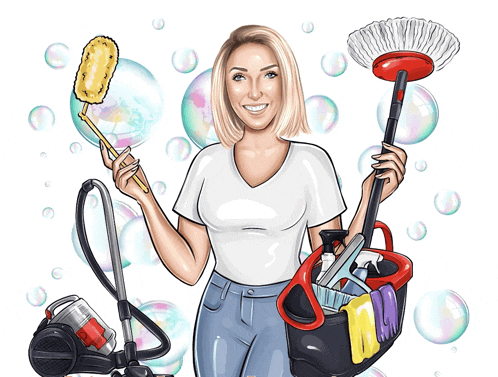 a cartoon of a woman holding a vacuum cleaner and a mop