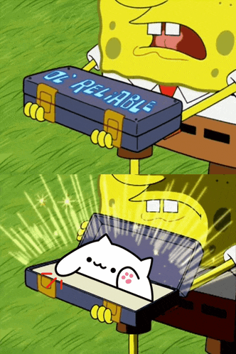 a cartoon of spongebob holding a box that says it reliable
