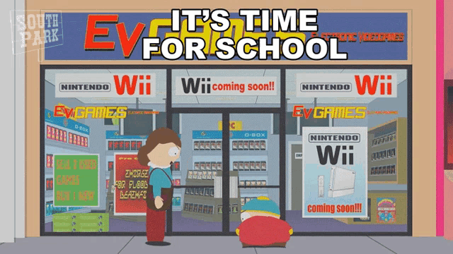 a store front with a sign that says it 's time ev for school