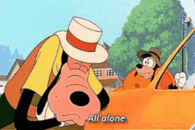 a cartoon character says all alone while standing next to a car .