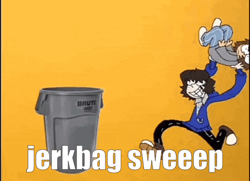 a cartoon of a person being thrown into a brute trashcan