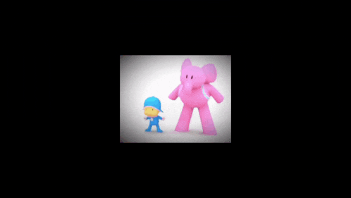 a cartoon character is wearing a blue hat and standing next to a pink object .