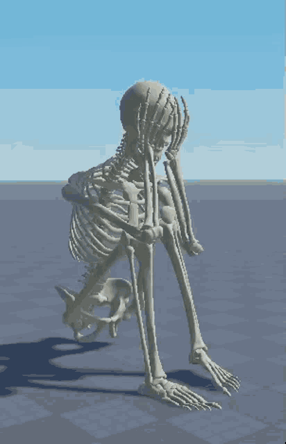 a 3d model of a skeleton is sitting down