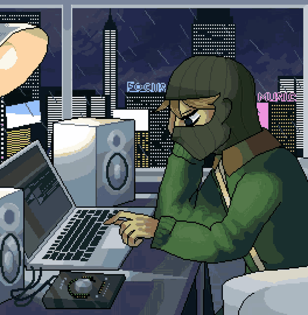 a pixel art drawing of a man using a laptop with the word music in the corner