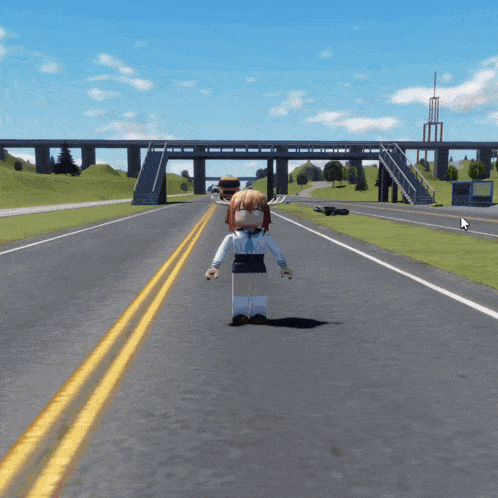 a cartoon character standing on a highway with a bridge in the background