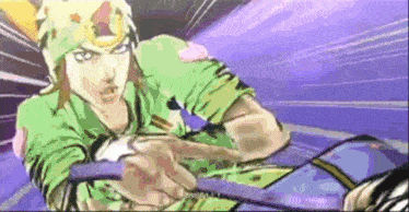 a cartoon character from jojo 's bizarre adventure is holding a sword in his hand and pointing at something .