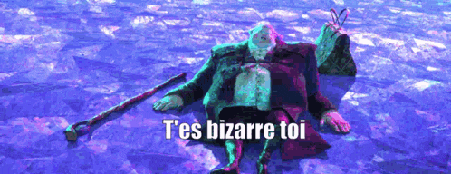 a man with a cane is laying in the water with the words " t'es bizarre toi " on the bottom