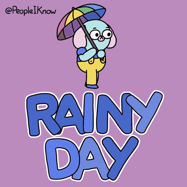 a cartoon of a dog holding a rainbow colored umbrella with the words rainy day below it