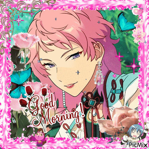 a picture of a boy with pink hair and the words good morning written on it