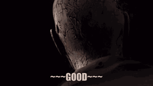 a close up of a person 's head with the words good written below it