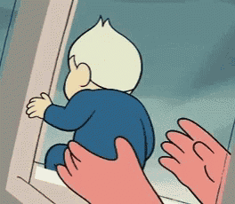 a cartoon of a child looking out a window being held by two hands
