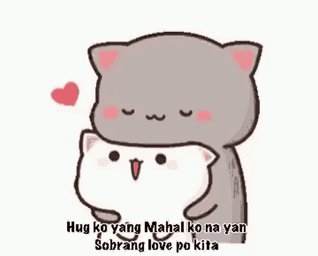 a cartoon cat is hugging a white cat .