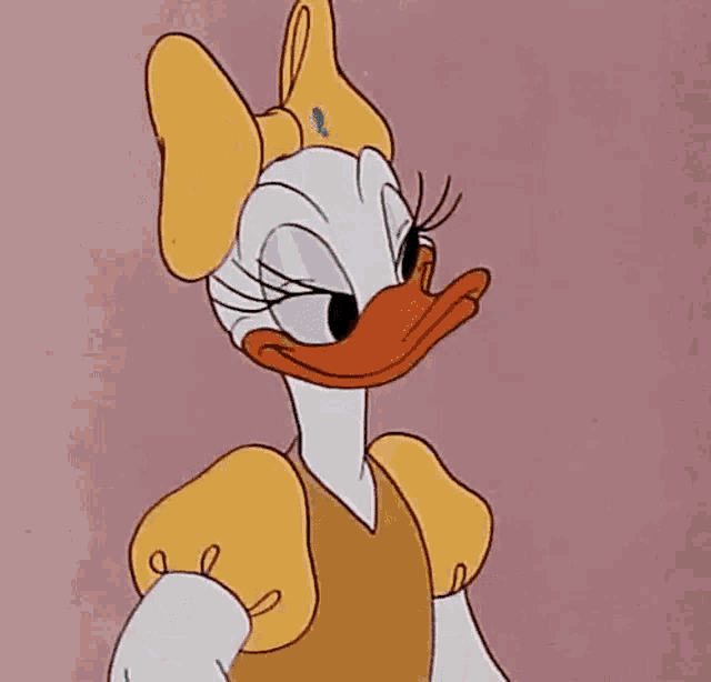 a cartoon of daisy duck wearing a yellow vest and a yellow bow on her head .