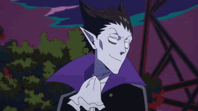 a vampire with a purple collar and white gloves is smiling