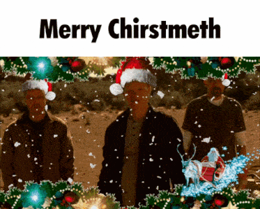 a christmas card with three men wearing santa hats and the text merry christmeth