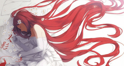 a woman with long red hair is wearing a white dress and white gloves