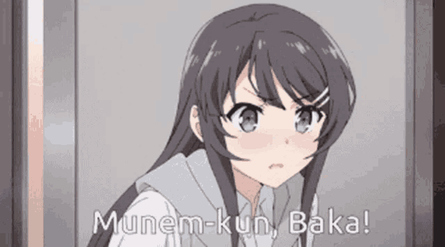 a girl with long black hair is standing in front of a window and says munem-kun baka .