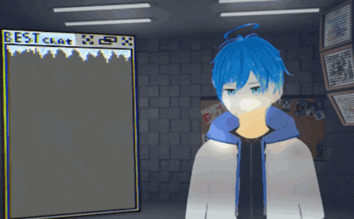 a blue haired anime character is standing in front of a best chat sign