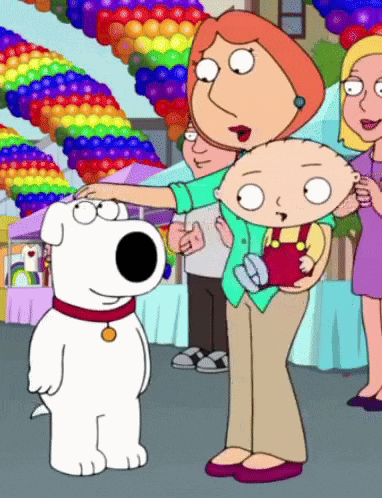 a cartoon of a woman holding a baby standing next to a dog