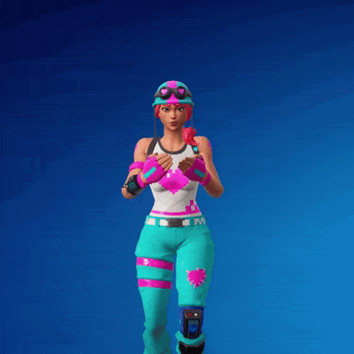 a girl in a pink and blue outfit with a heart on it