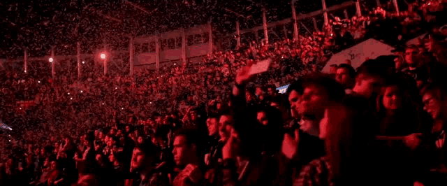 a crowd of people in a stadium with a red background