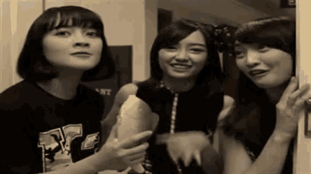 three young women are standing next to each other in a room and smiling .