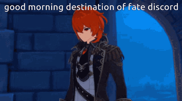 a cartoon character with red hair and the words good morning destination of fate discord on the bottom