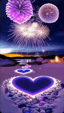 fireworks are displayed in the night sky above a heart made of lights