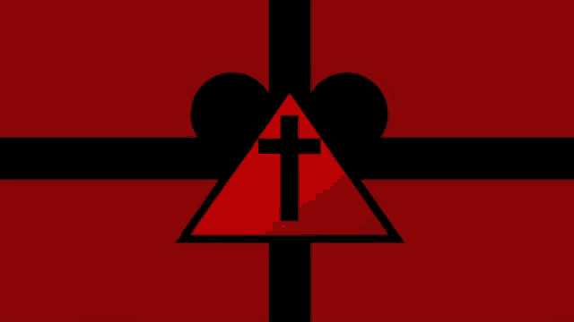 a red triangle with a cross inside of it on a red background