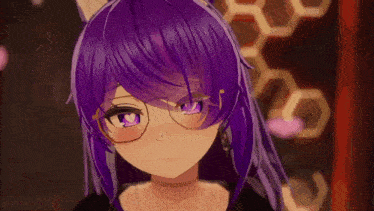 a close up of a girl with purple hair and glasses .