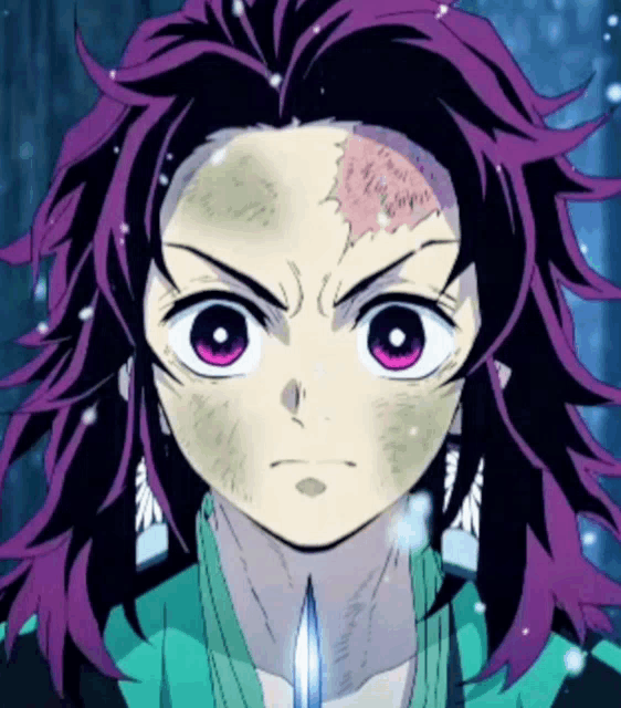 a close up of a anime character with purple hair