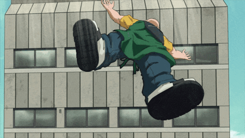a man in a green shirt is falling from a building