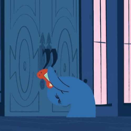 a cartoon character is standing in front of a door that says ' o ' on it