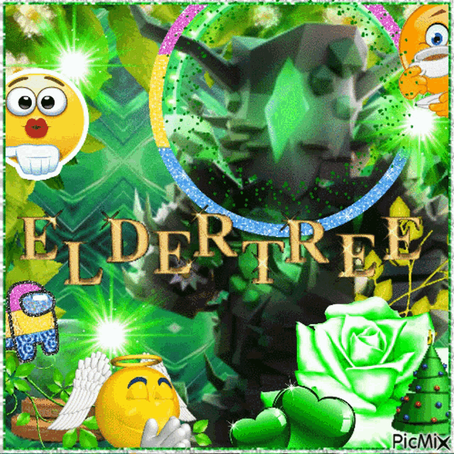 a picture of an elder tree with smiley faces and a statue