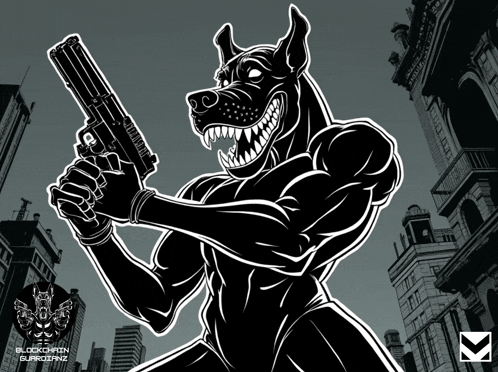 a black and white drawing of a dog holding a gun with the letters g on it