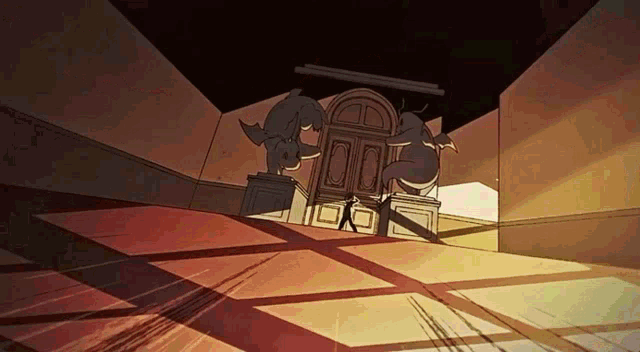 a cartoon drawing of a man walking through a hallway