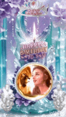 a birthday card with a picture of a woman and a lion on it