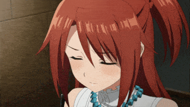 a girl with red hair is wearing a white top and a necklace
