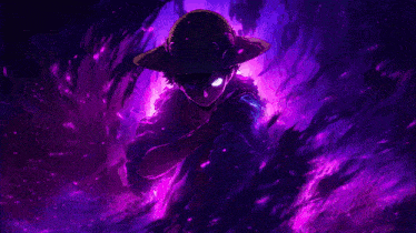 monkey d luffy from one piece is standing in the middle of a purple fire .