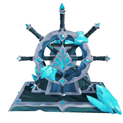 a statue of a ship 's steering wheel surrounded by blue crystals